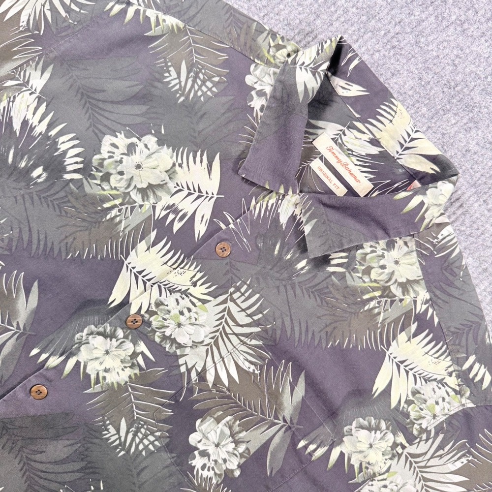 Tommy Bahama Mens XL Silk Tropical Floral Palm Camp Shirt Gray Original Fit